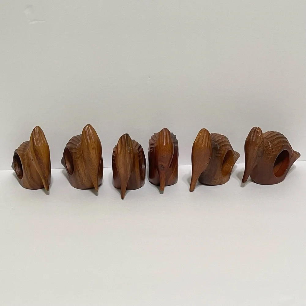 Woodpecker Bird Napkin Rings Hand Carved Wood Rustic Farmhouse Cabin Set of 6